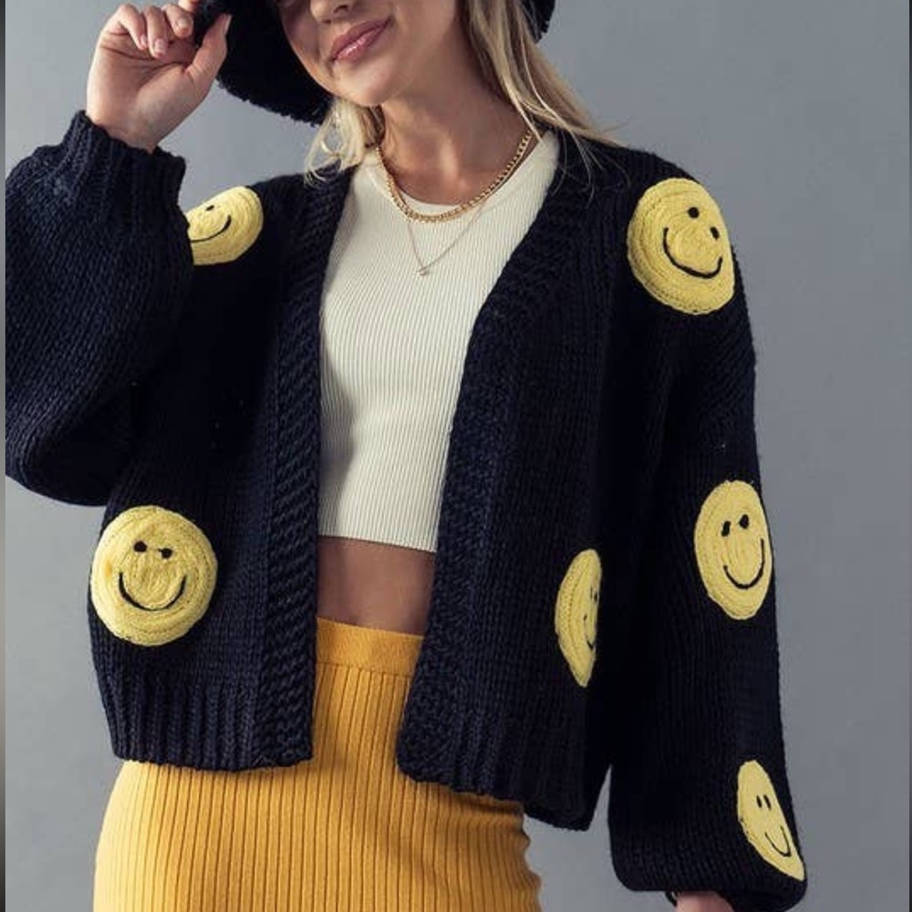 Smiley Patch Black Knit Cardigan - Trendy Women's Sweater